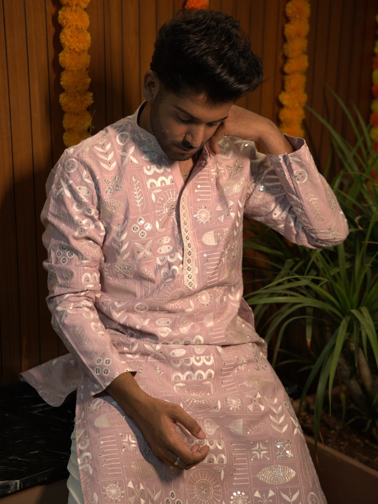 Pink Lucknowi Embroidered Kurta Trouser Set