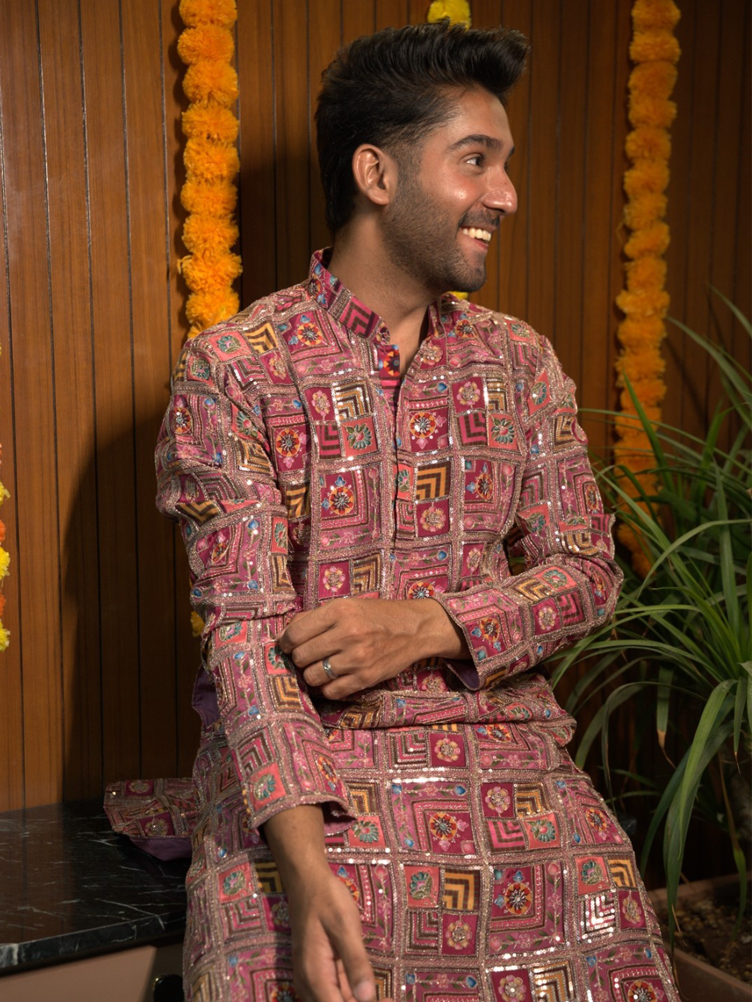 Purple Printed & Embroidered Kurta Trouser Set