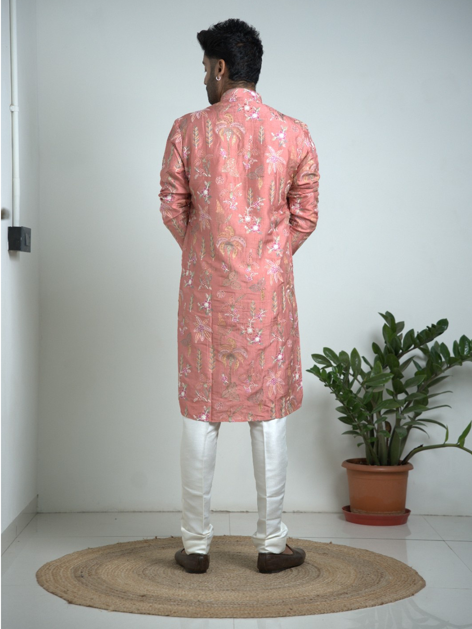 Light Peach Embroidered Tussar Silk Kurta Trouser Set.