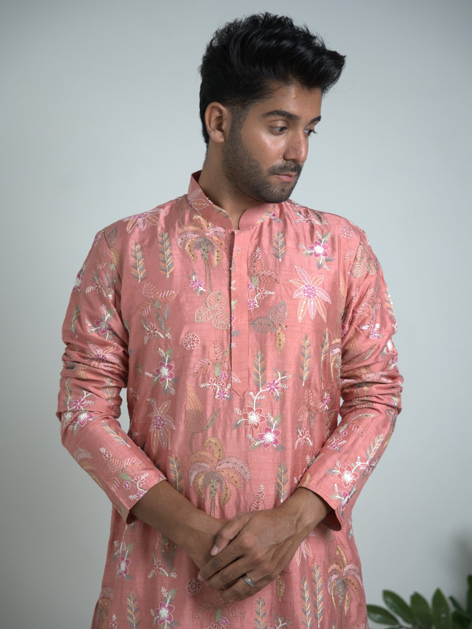 Light Peach Embroidered Tussar Silk Kurta Trouser Set.