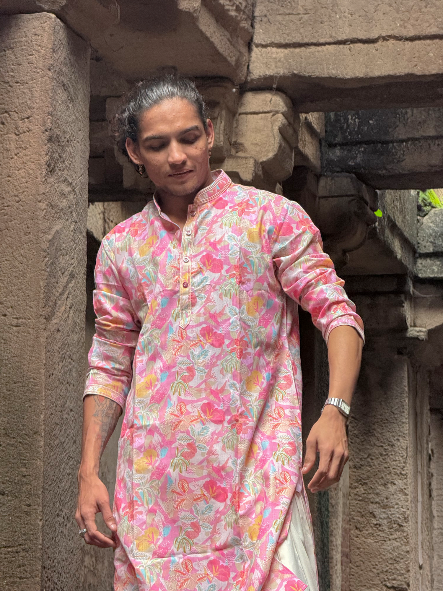 Men Floral Design Kurta Trouser Set