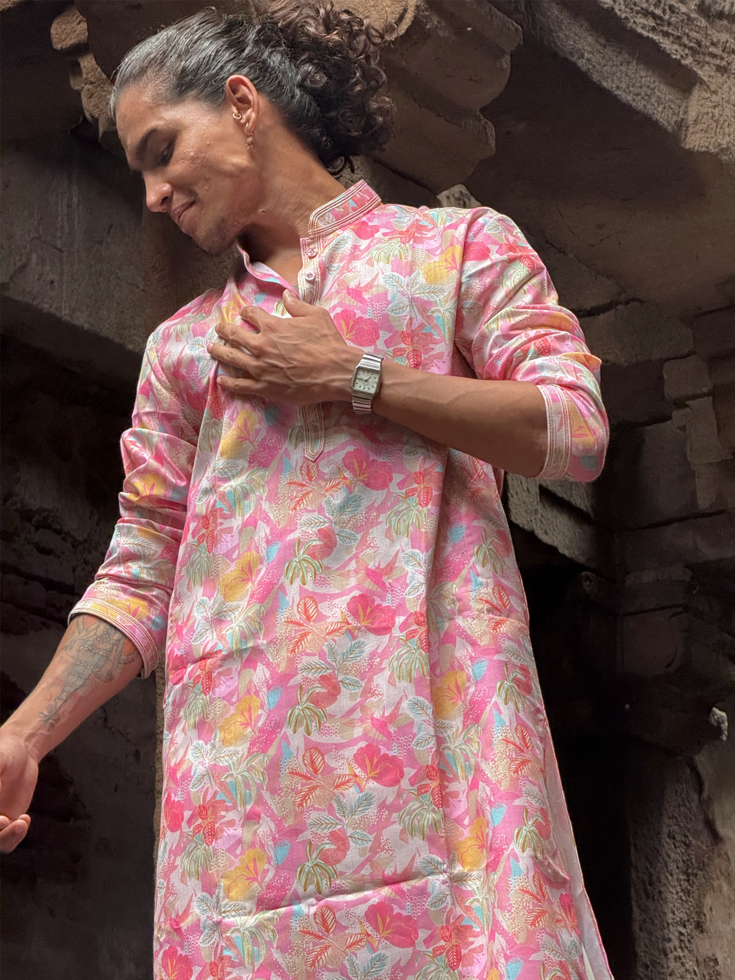 Men Floral Design Kurta Trouser Set