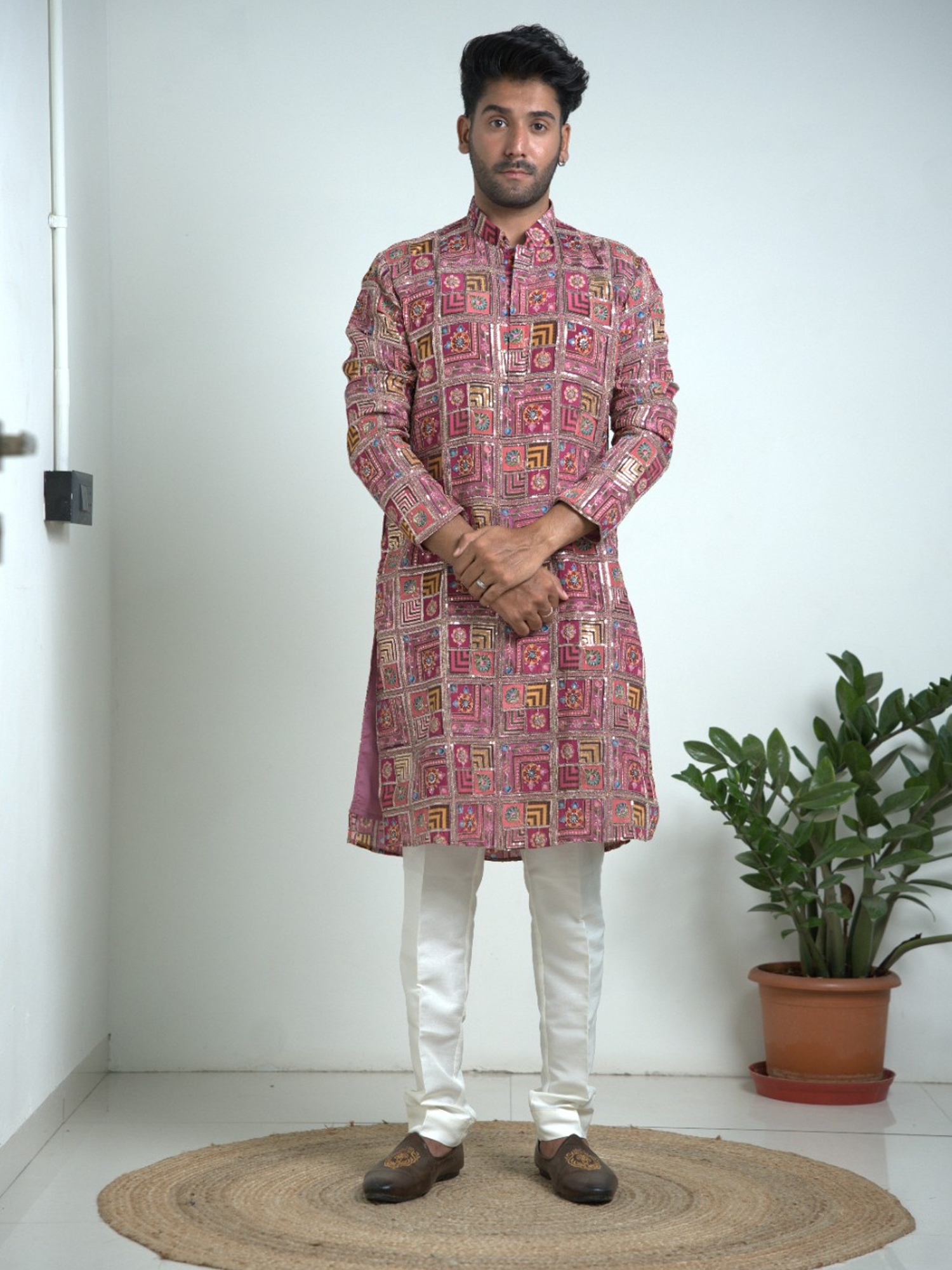 Purple Printed & Embroidered Kurta Trouser Set