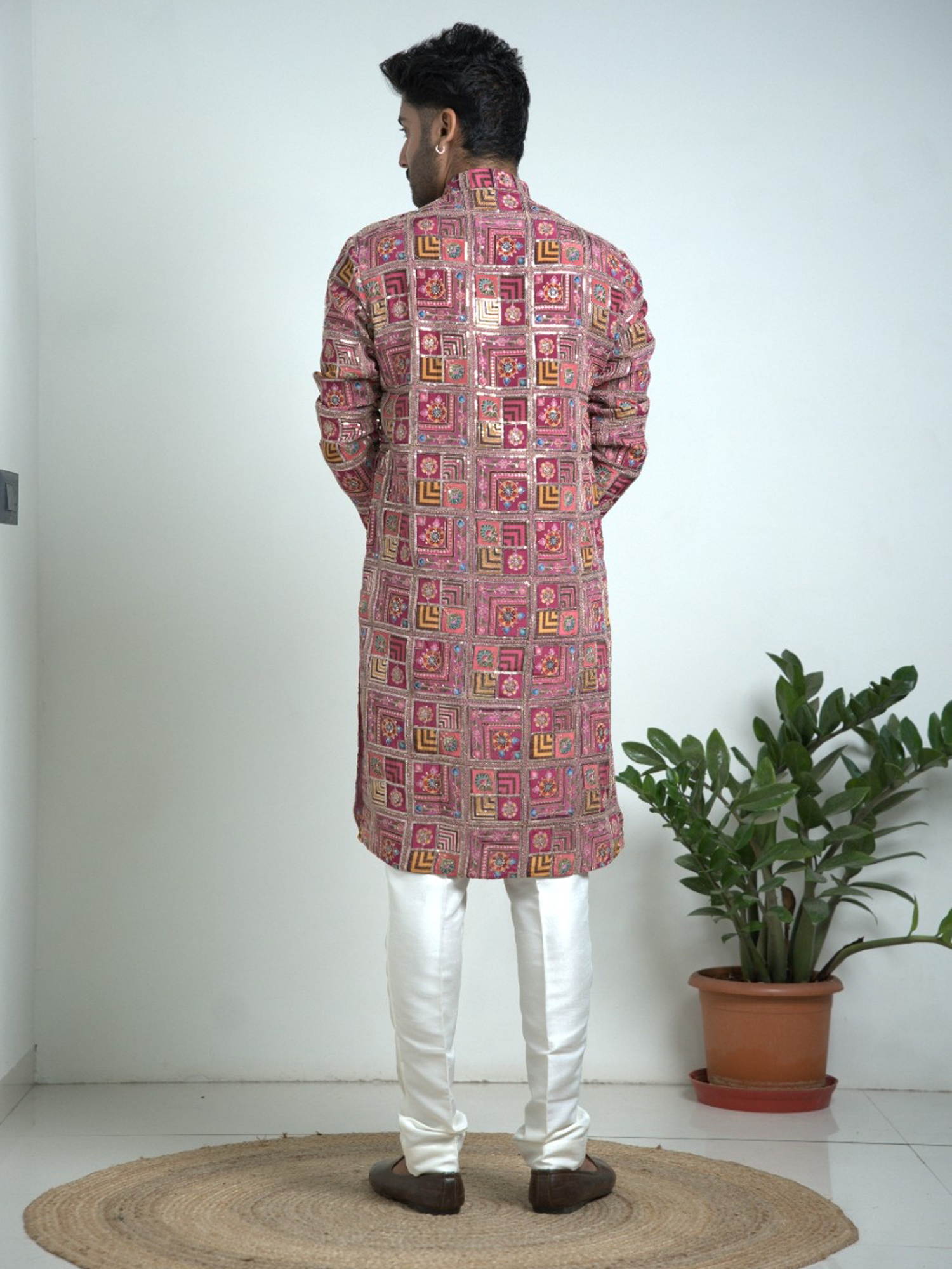 Purple Printed & Embroidered Kurta Trouser Set