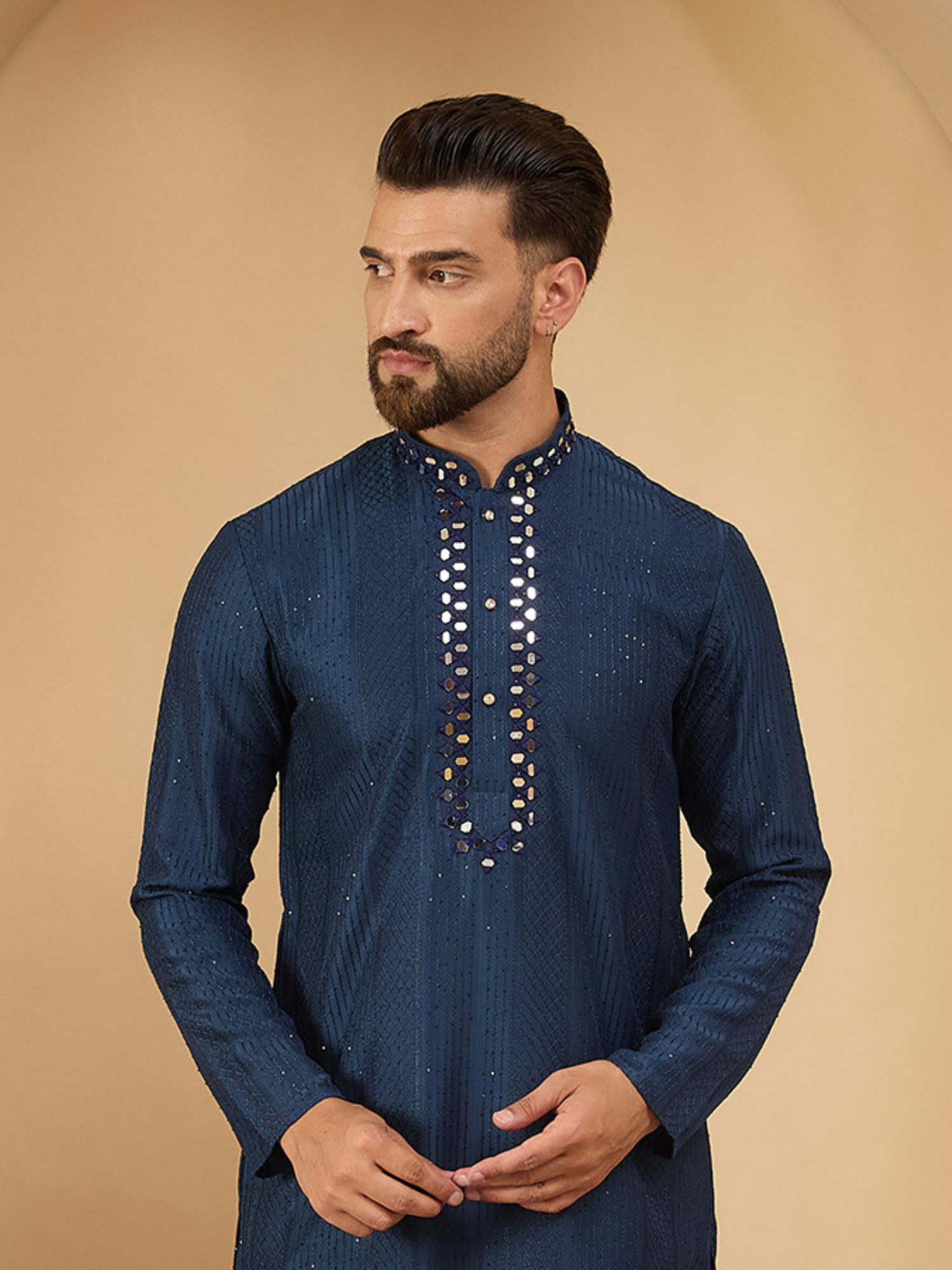 Navy Blue Sequinze Kurta With Mirror Work Set