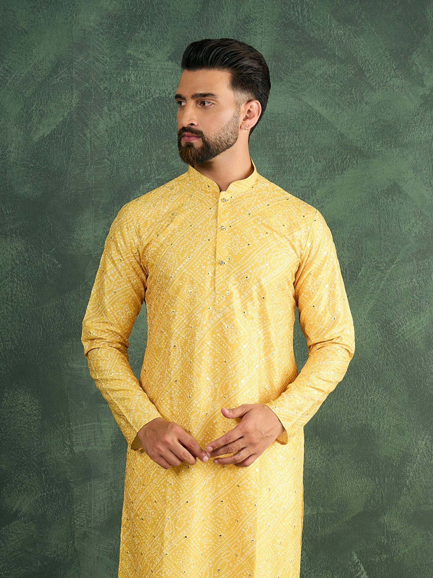 Men Yellow Bandni With Sequize Kurta Trouser Set