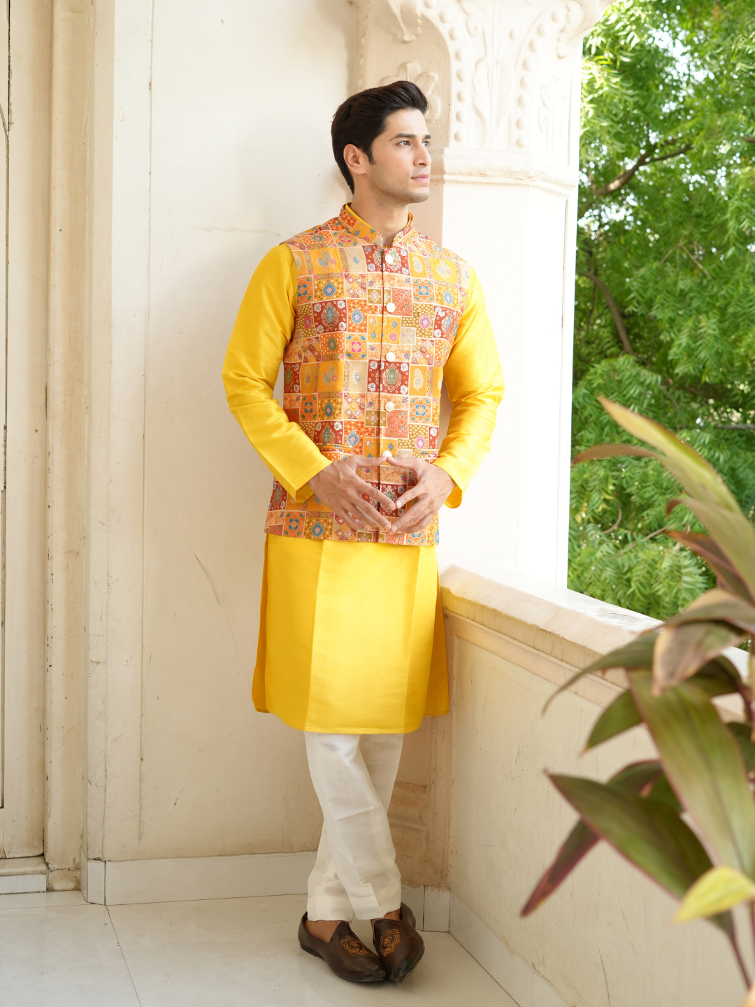 Magnet Men's Yellow Kurta Patoda Jacket Trouser Set