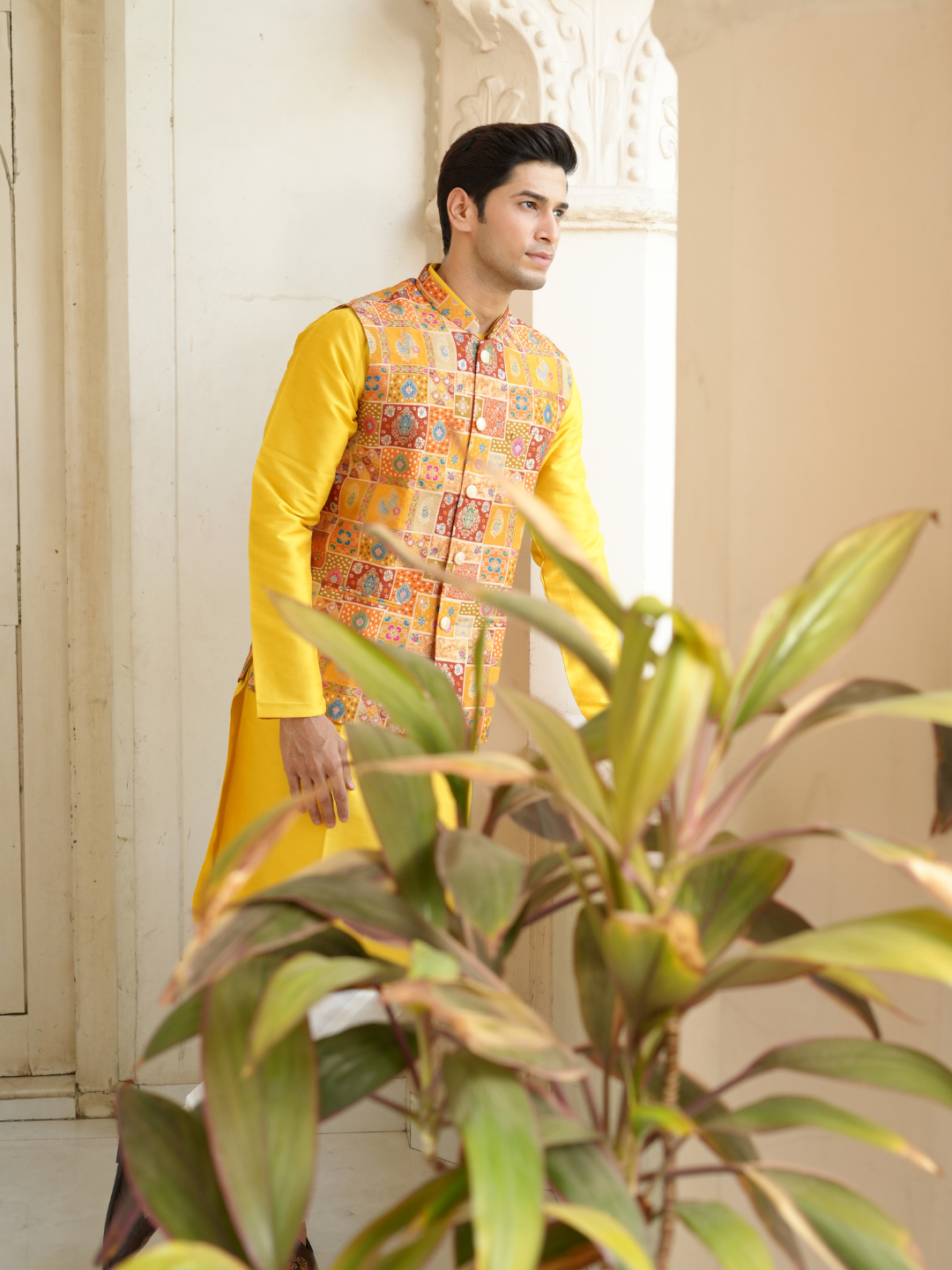 Magnet Men's Yellow Kurta Patoda Jacket Trouser Set