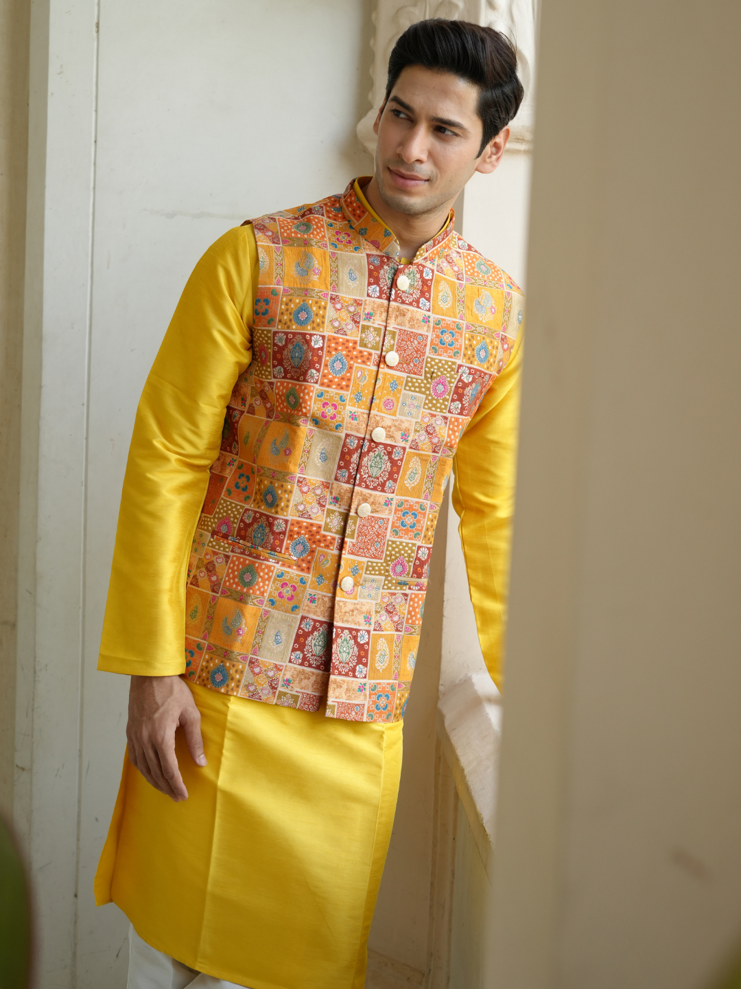 Magnet Men's Yellow Kurta Patoda Jacket Trouser Set