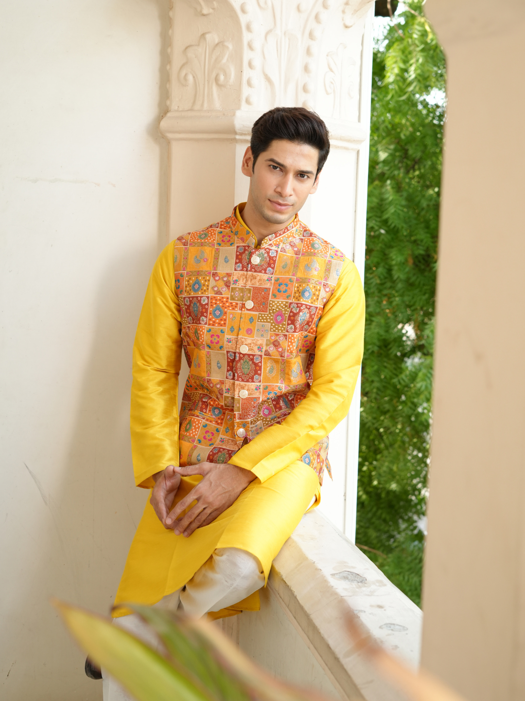 Magnet Men's Yellow Kurta Patoda Jacket Trouser Set