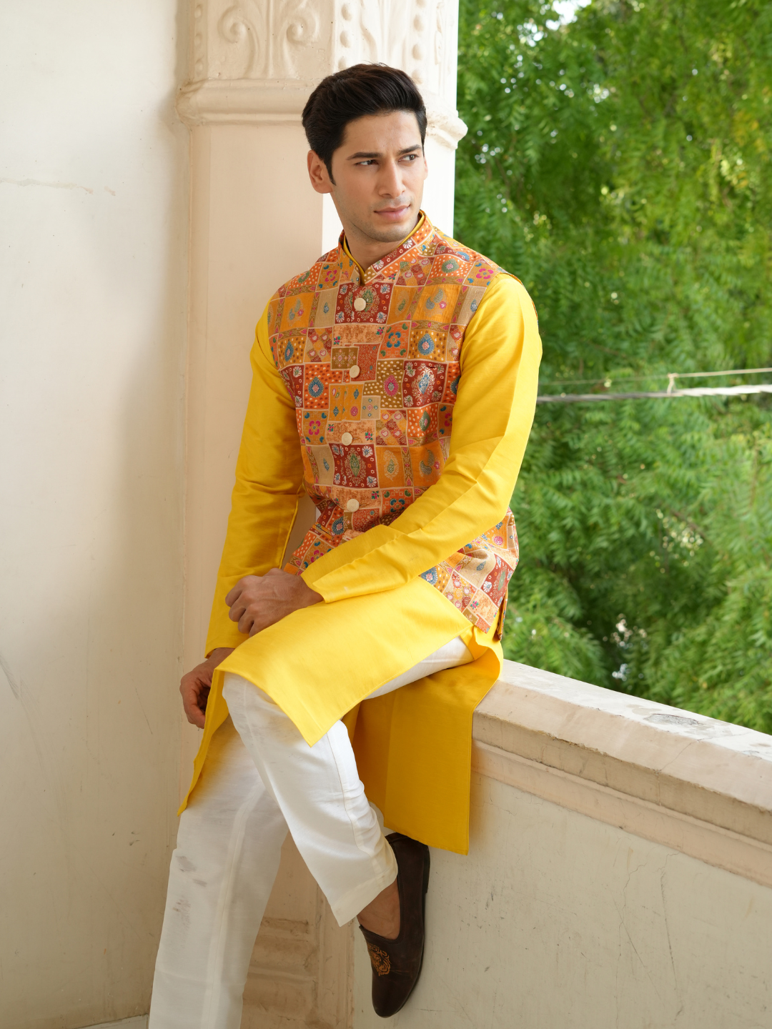 Magnet Men's Yellow Kurta Patoda Jacket Trouser Set