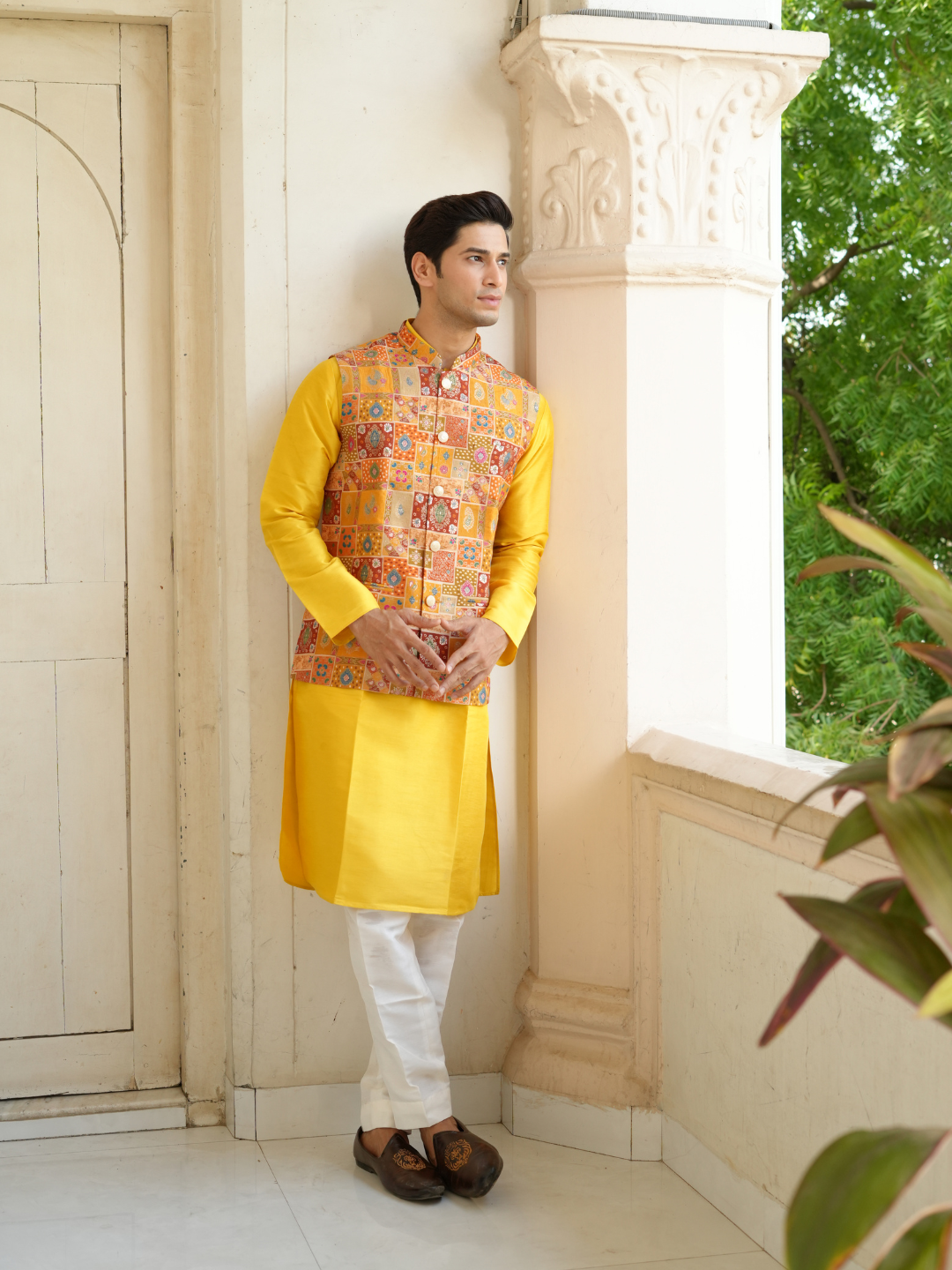 Magnet Men's Yellow Kurta Patoda Jacket Trouser Set