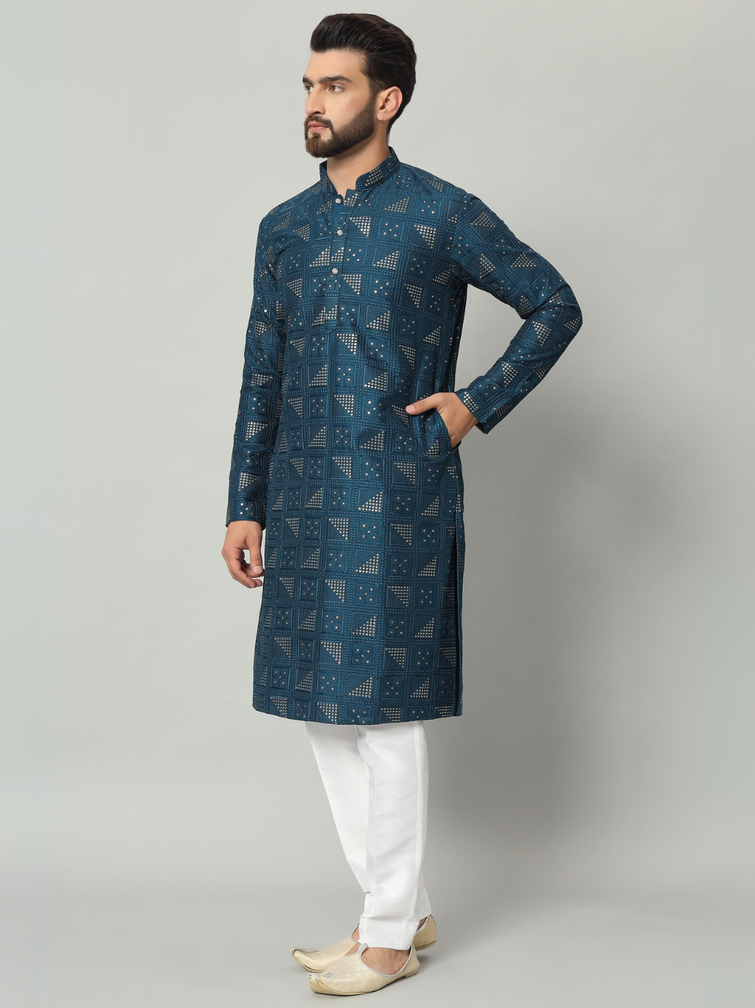 Magnet Men's Teal Blue Lucknowi Kurta Trouser Set