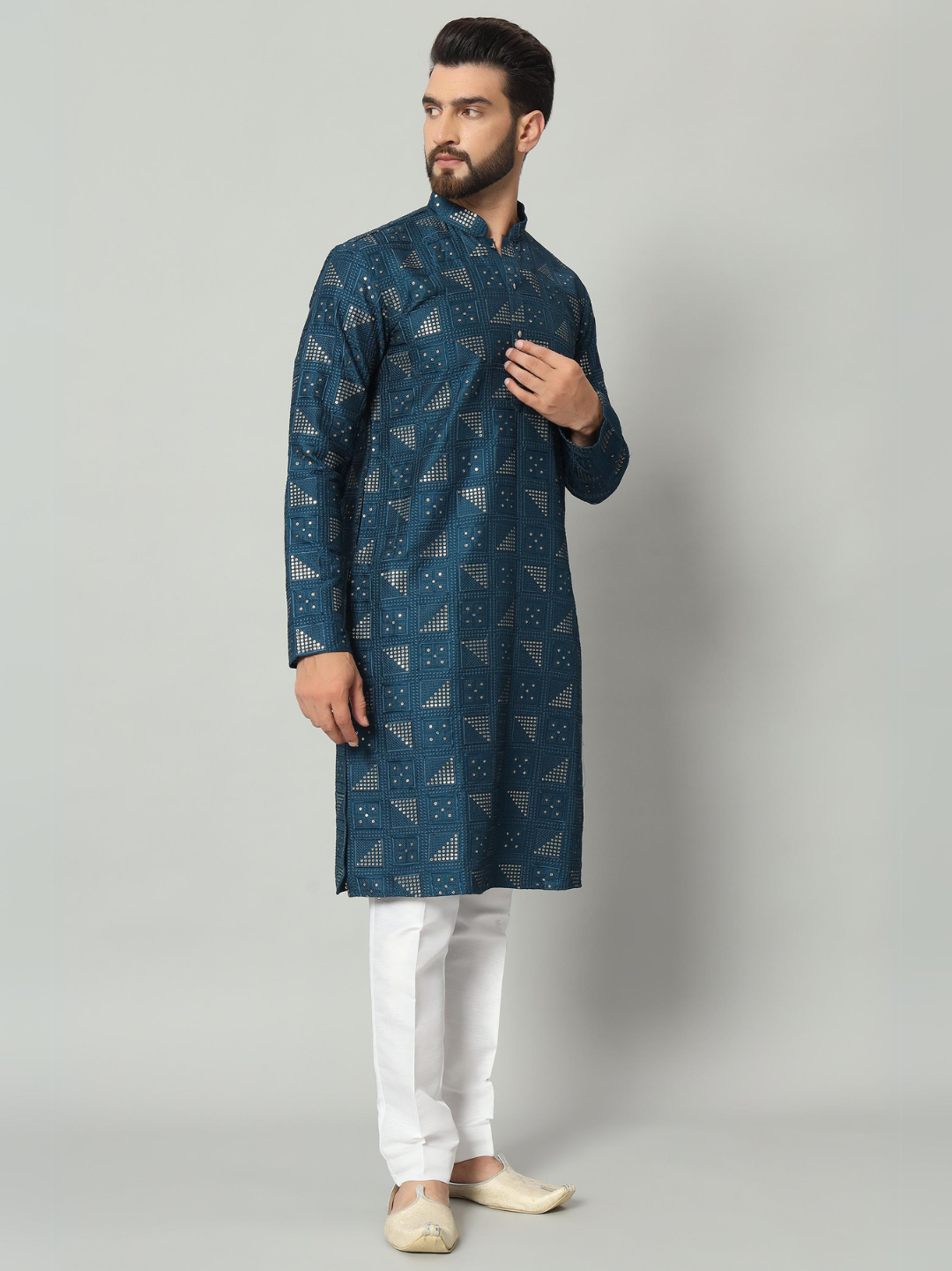 Magnet Men's Teal Blue Lucknowi Kurta Trouser Set