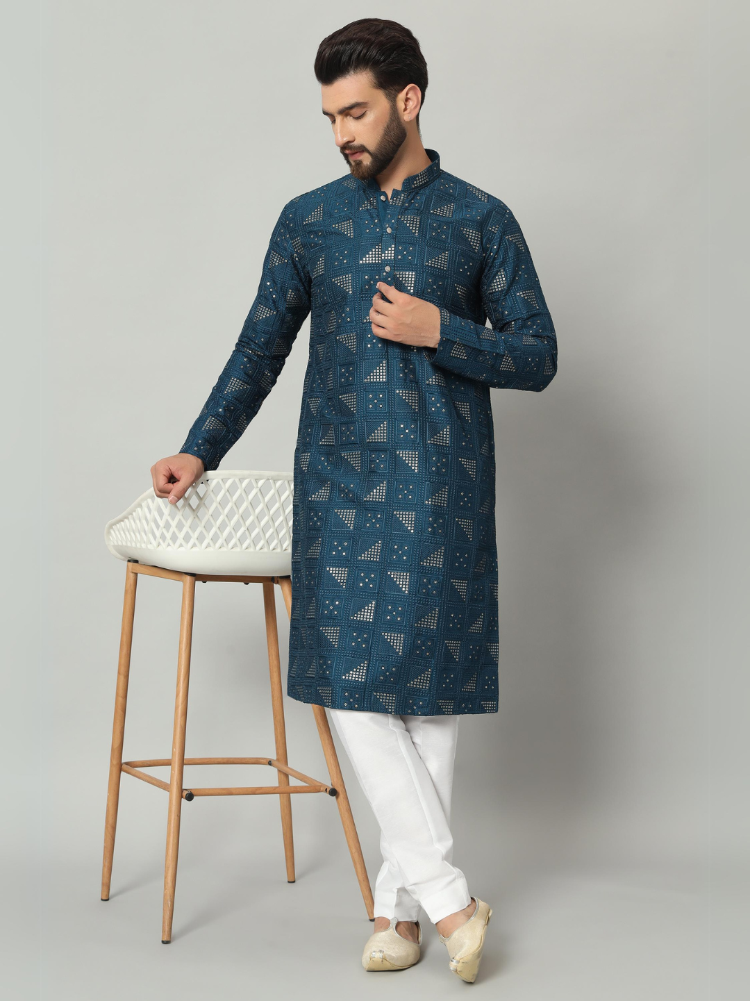 Magnet Men's Teal Blue Lucknowi Kurta Trouser Set