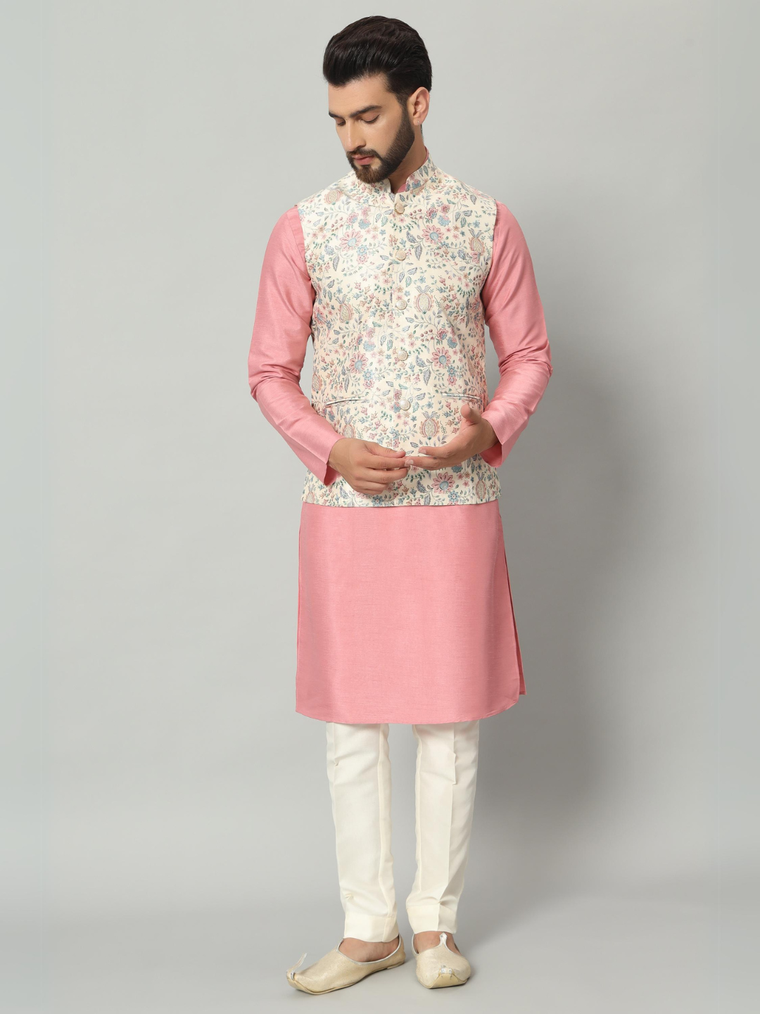 Magnet Men's Rose Pink Kurta Nehru Jacket Trouser Set