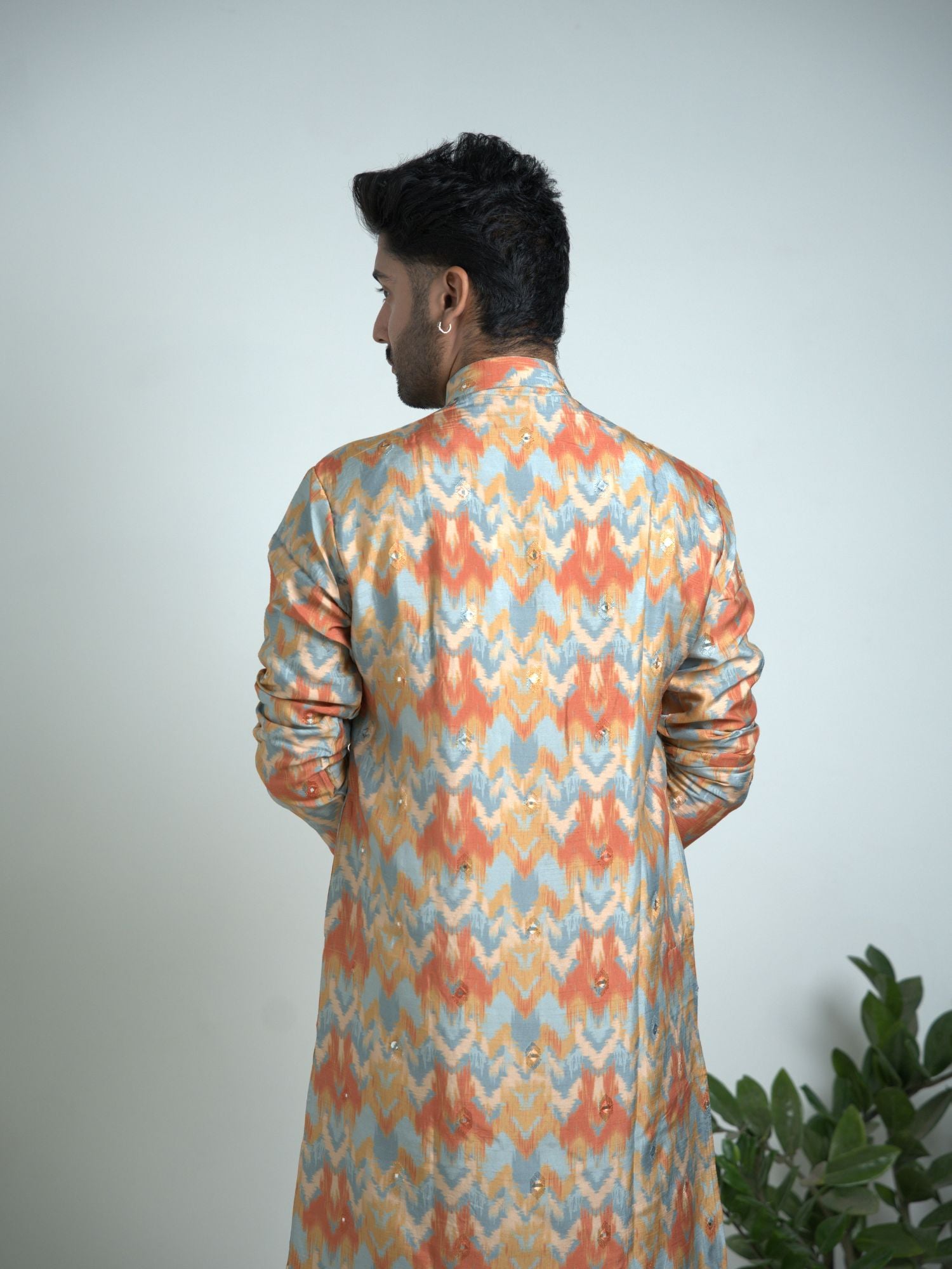 Multi print Tusser silk with mirror work kurta trouser set