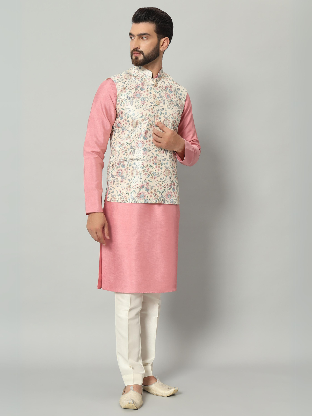 Magnet Men's Rose Pink Kurta Nehru Jacket Trouser Set