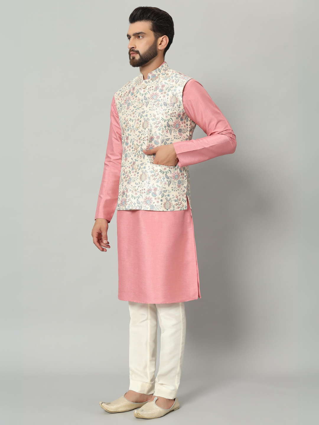 Magnet Men's Rose Pink Kurta Nehru Jacket Trouser Set