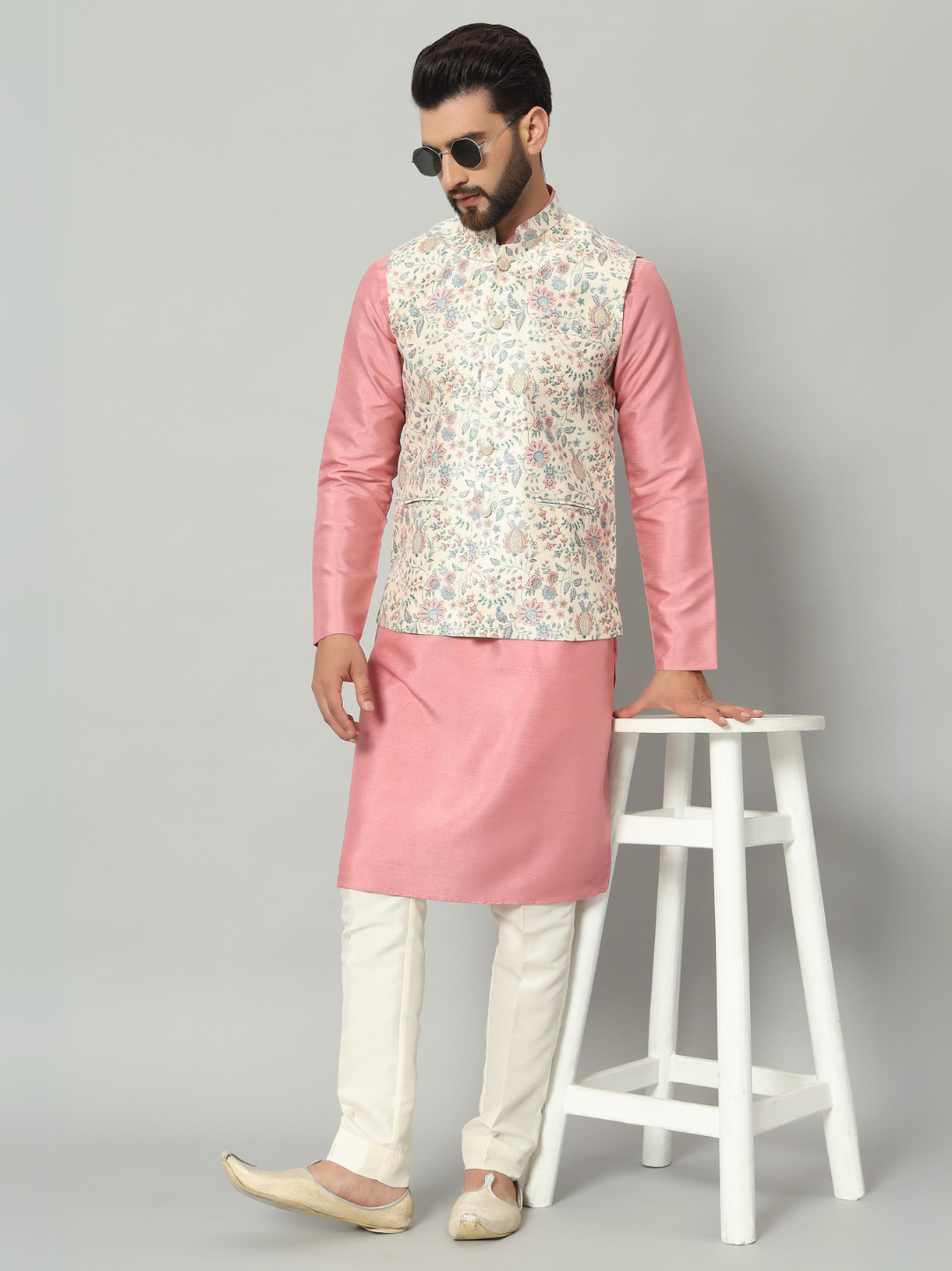 Magnet Men's Rose Pink Kurta Nehru Jacket Trouser Set