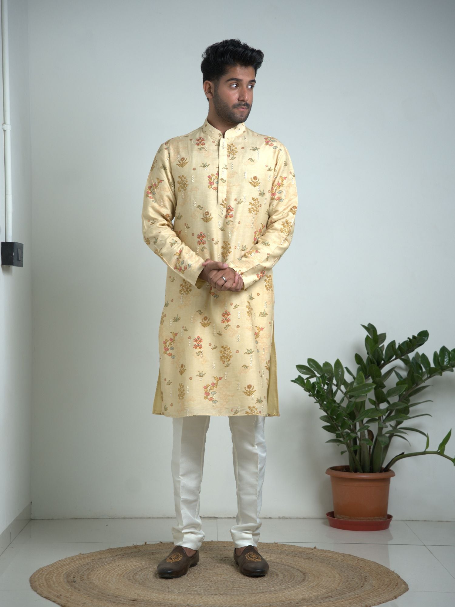 Cream Tusser Silk With Mirror Work Kurta Trouser Set