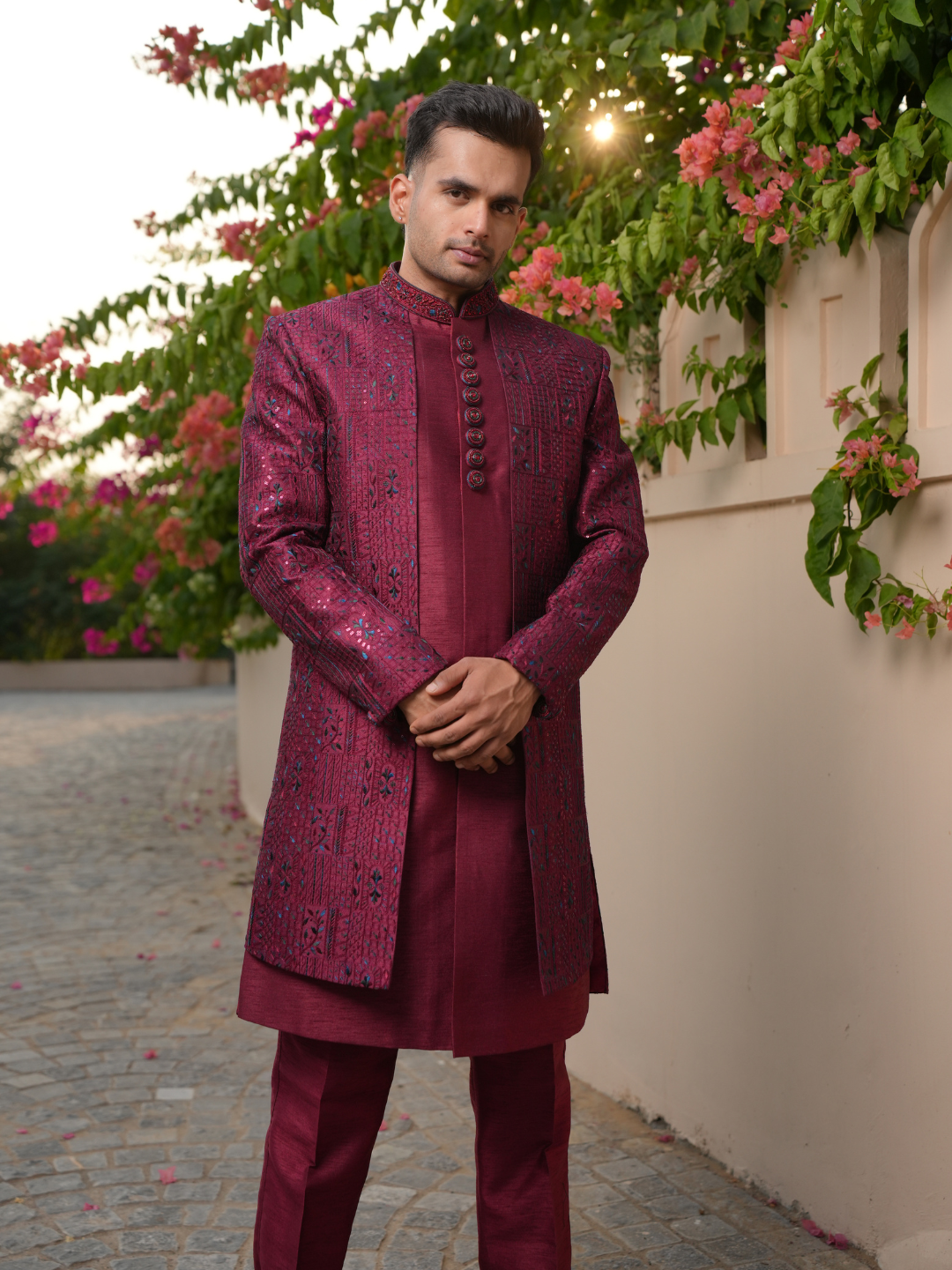 Magnet Men's Maroon 3 Piece Indo Western Set