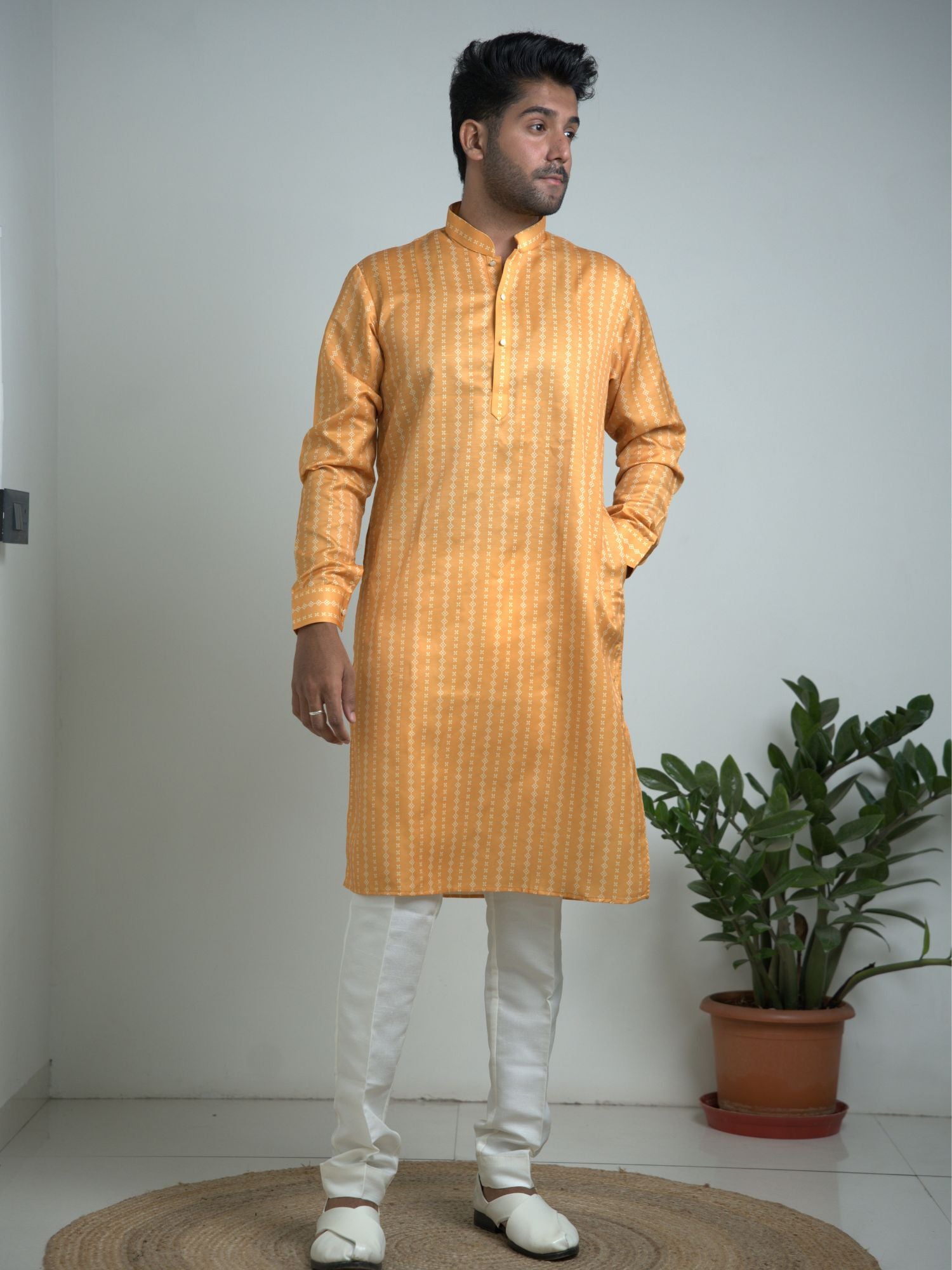 Yellow Satin silk printed kurta Trouser set