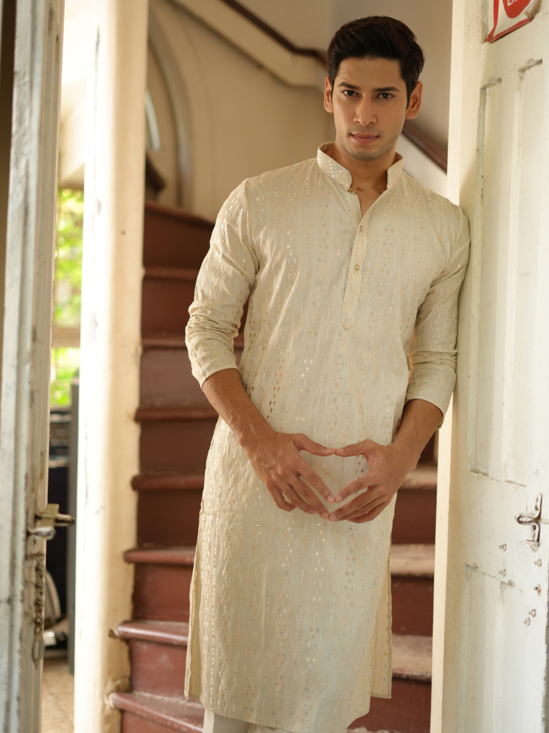 Magnet Men's Cream Multi Embroidered Kurta Trouser