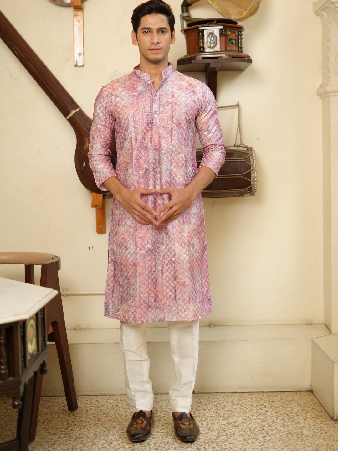 Magnet Men's Pink Multi Shifli Kurta Trouser Set