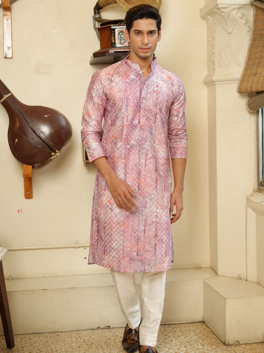 Magnet Men's Pink Multi Shifli Kurta Trouser Set