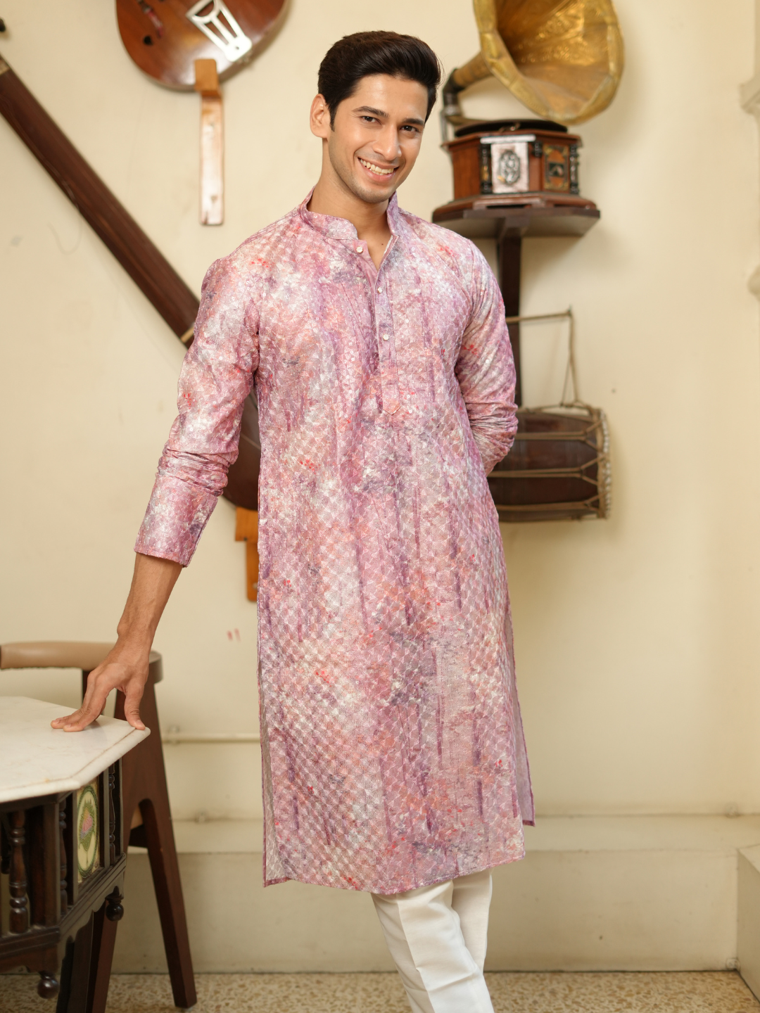 Magnet Men's Pink Multi Shifli Kurta Trouser Set