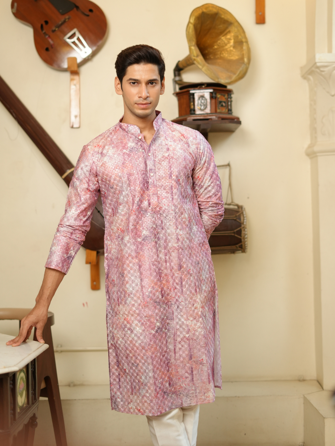 Magnet Men's Pink Multi Shifli Kurta Trouser Set