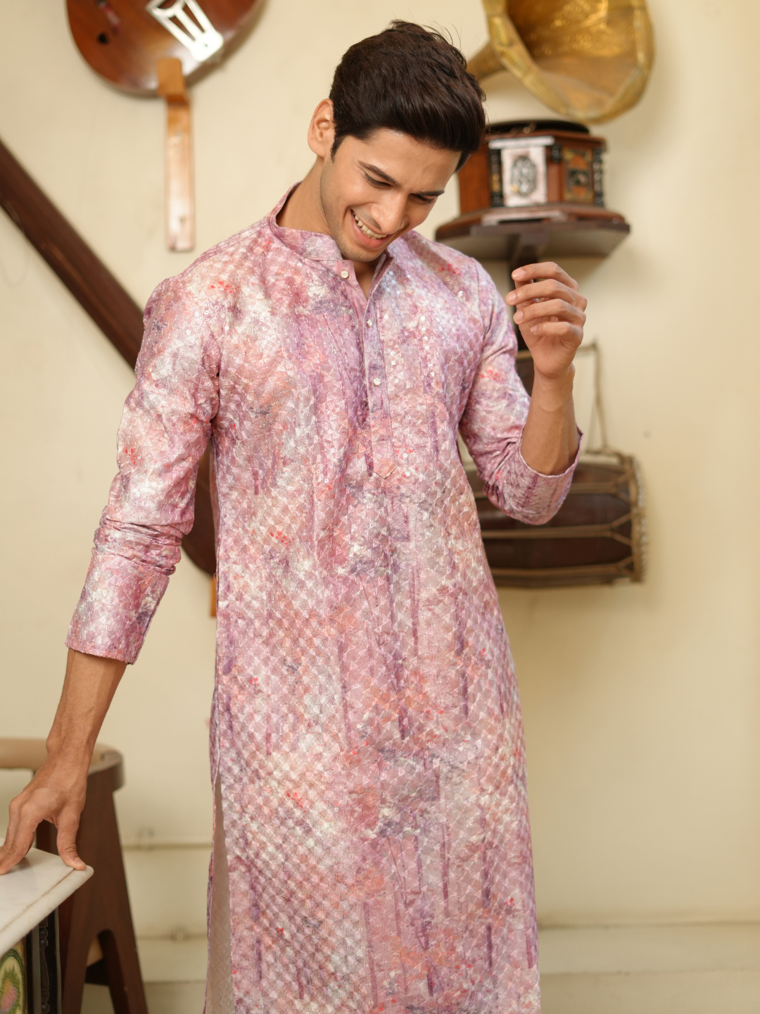 Magnet Men's Pink Multi Shifli Kurta Trouser Set