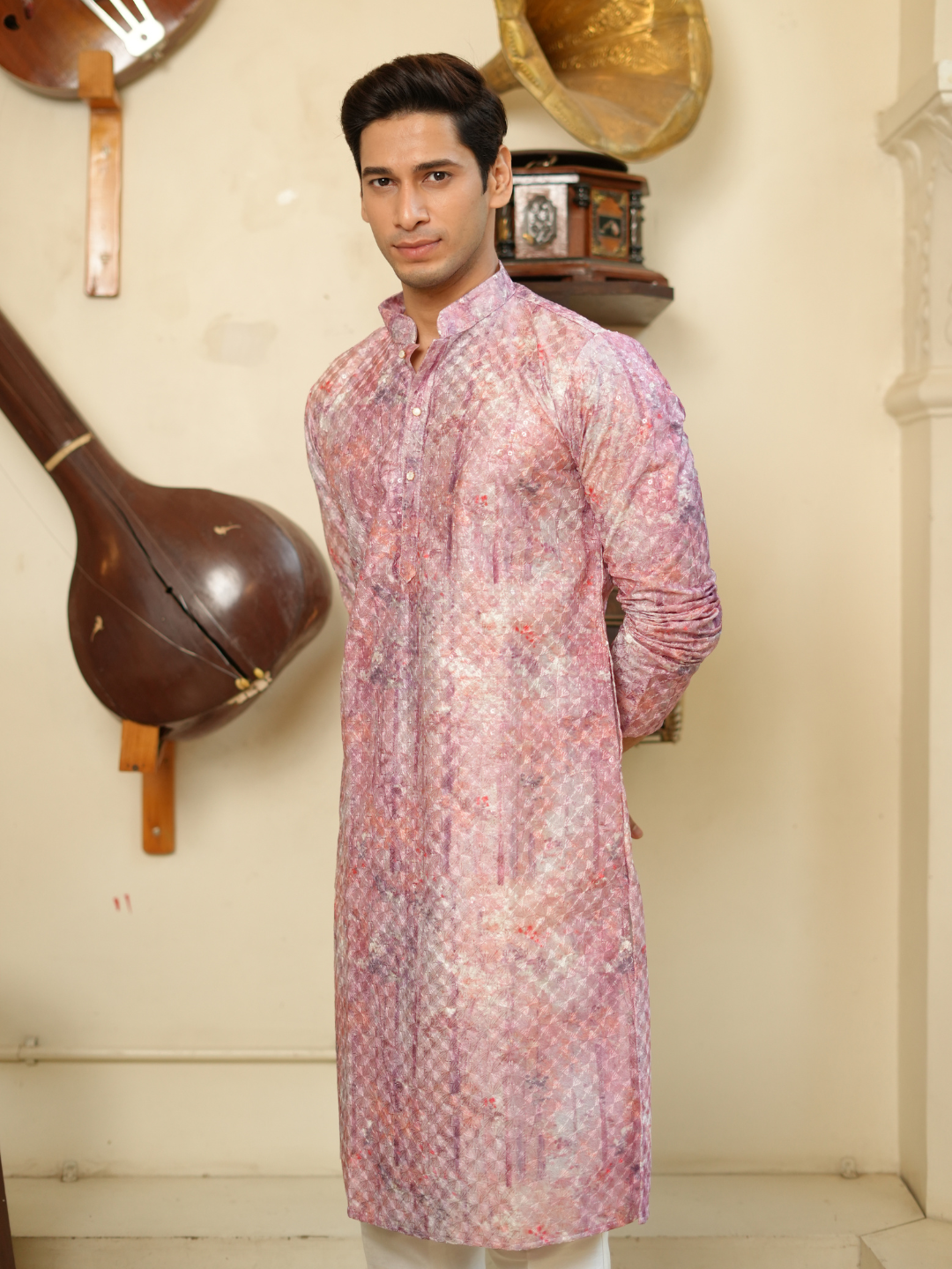 Magnet Men's Pink Multi Shifli Kurta Trouser Set