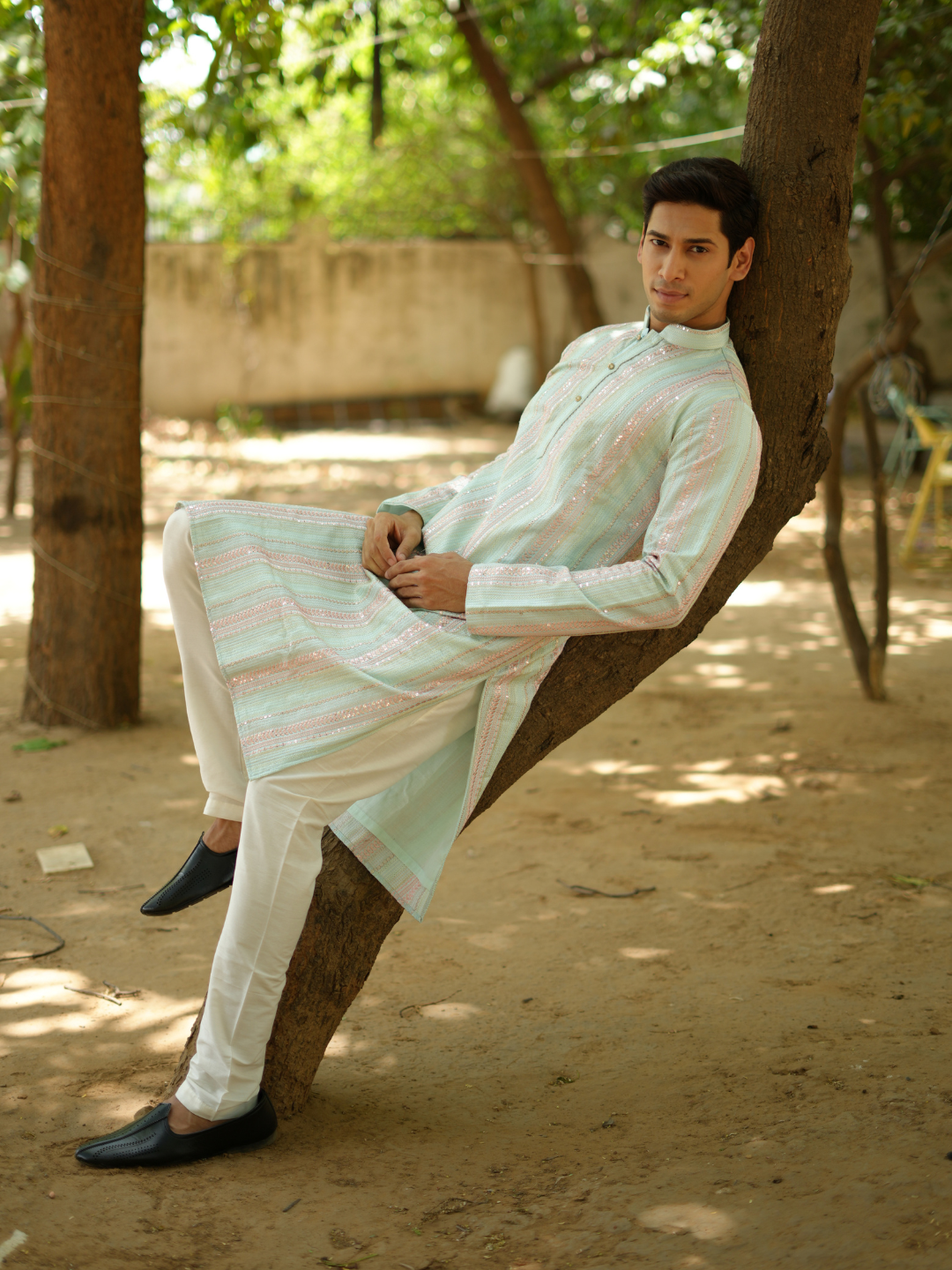 Magnet Men's Sea Green Multi Lucknowi Kurta Set