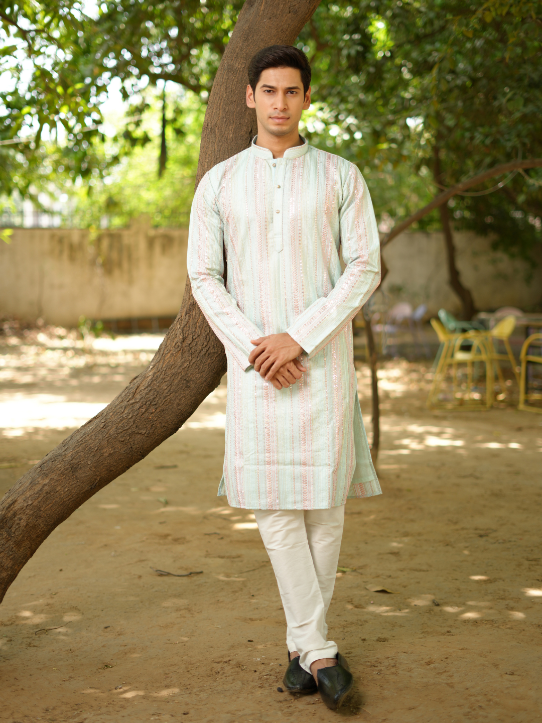 Magnet Men's Sea Green Multi Lucknowi Kurta Set