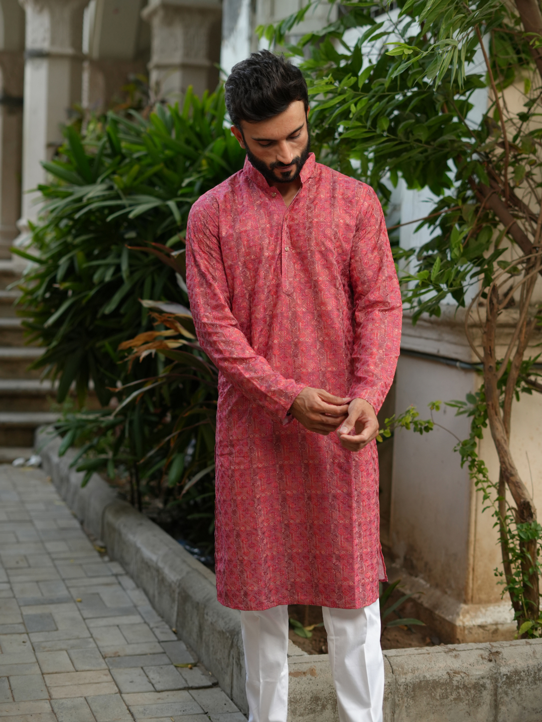 Magnet Men's Rose Pink Chicken Kurta Trouser Set