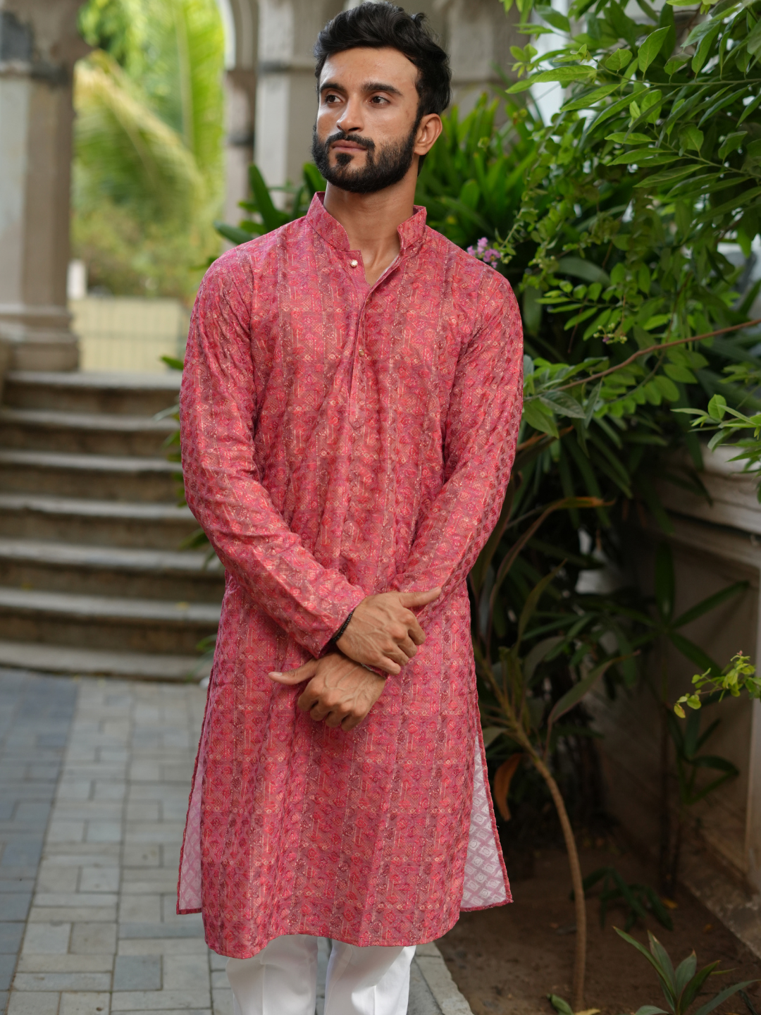 Magnet Men's Rose Pink Chicken Kurta Trouser Set