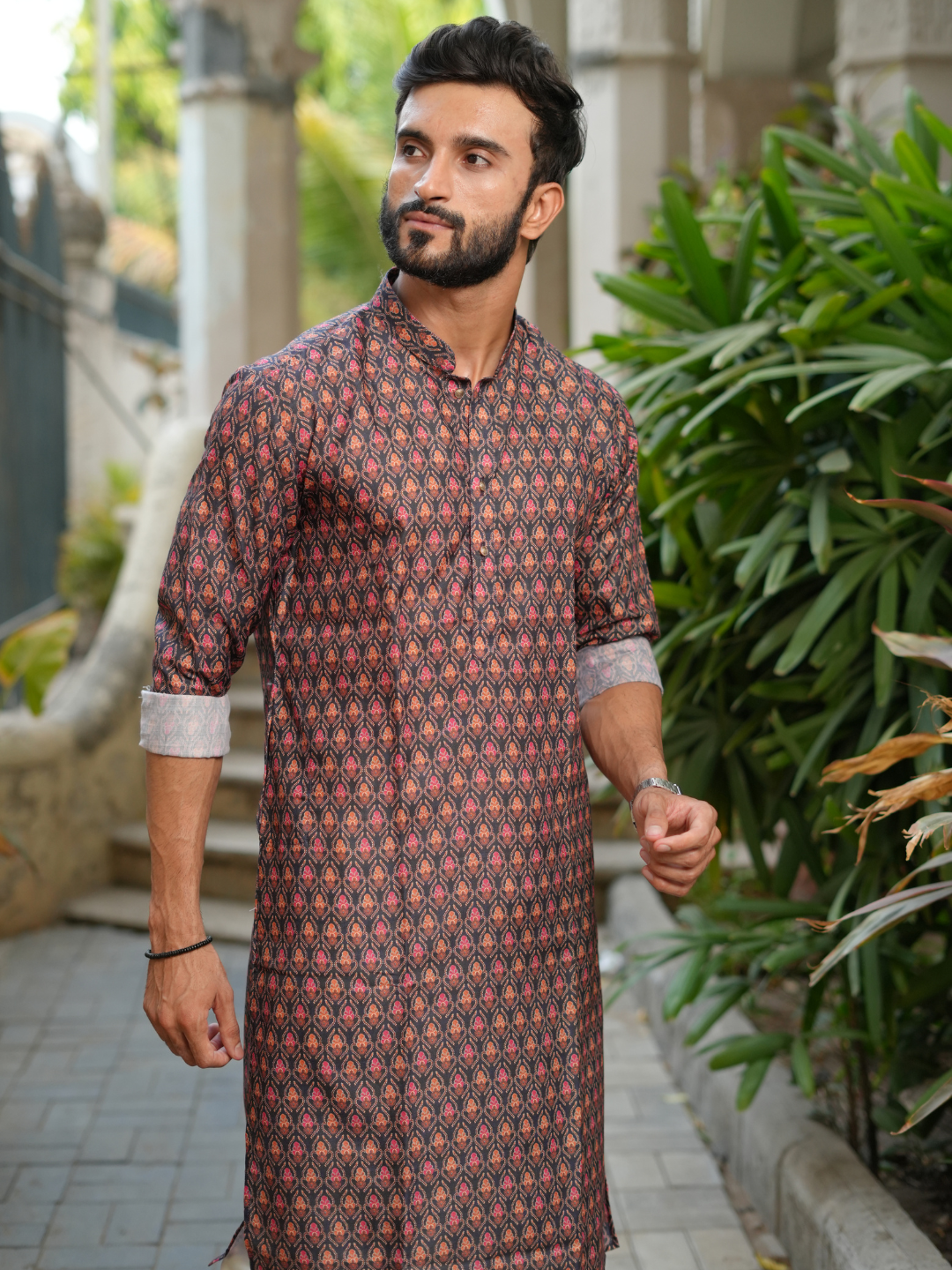 Magnet Men's Black Cotton Blend Printed Kurta