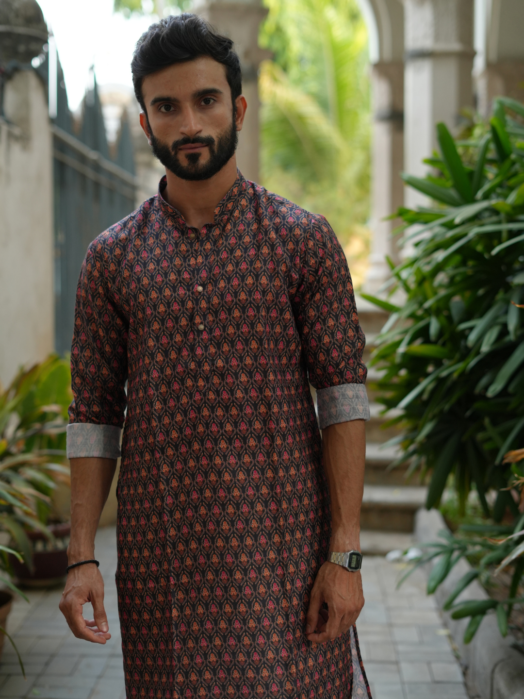 Magnet Men's Black Cotton Blend Printed Kurta