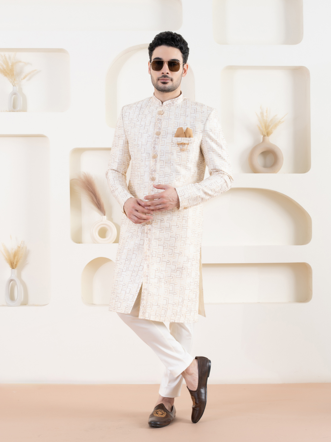 Magnet Men's Cream Embroidered Indowestern