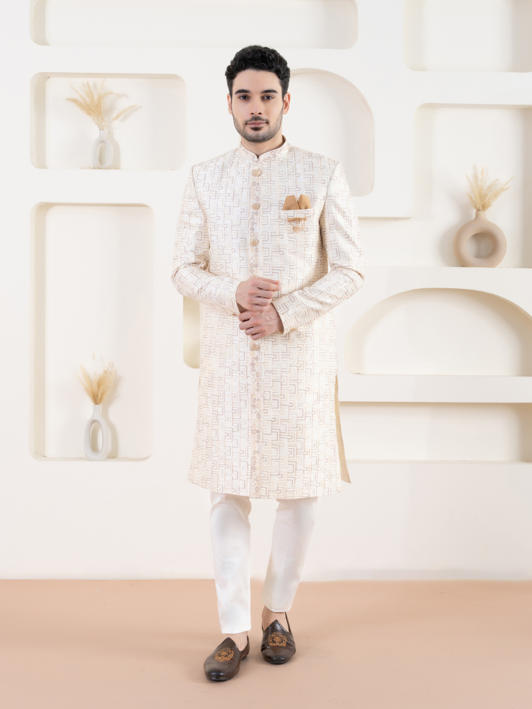 Magnet Men's Cream Embroidered Indowestern