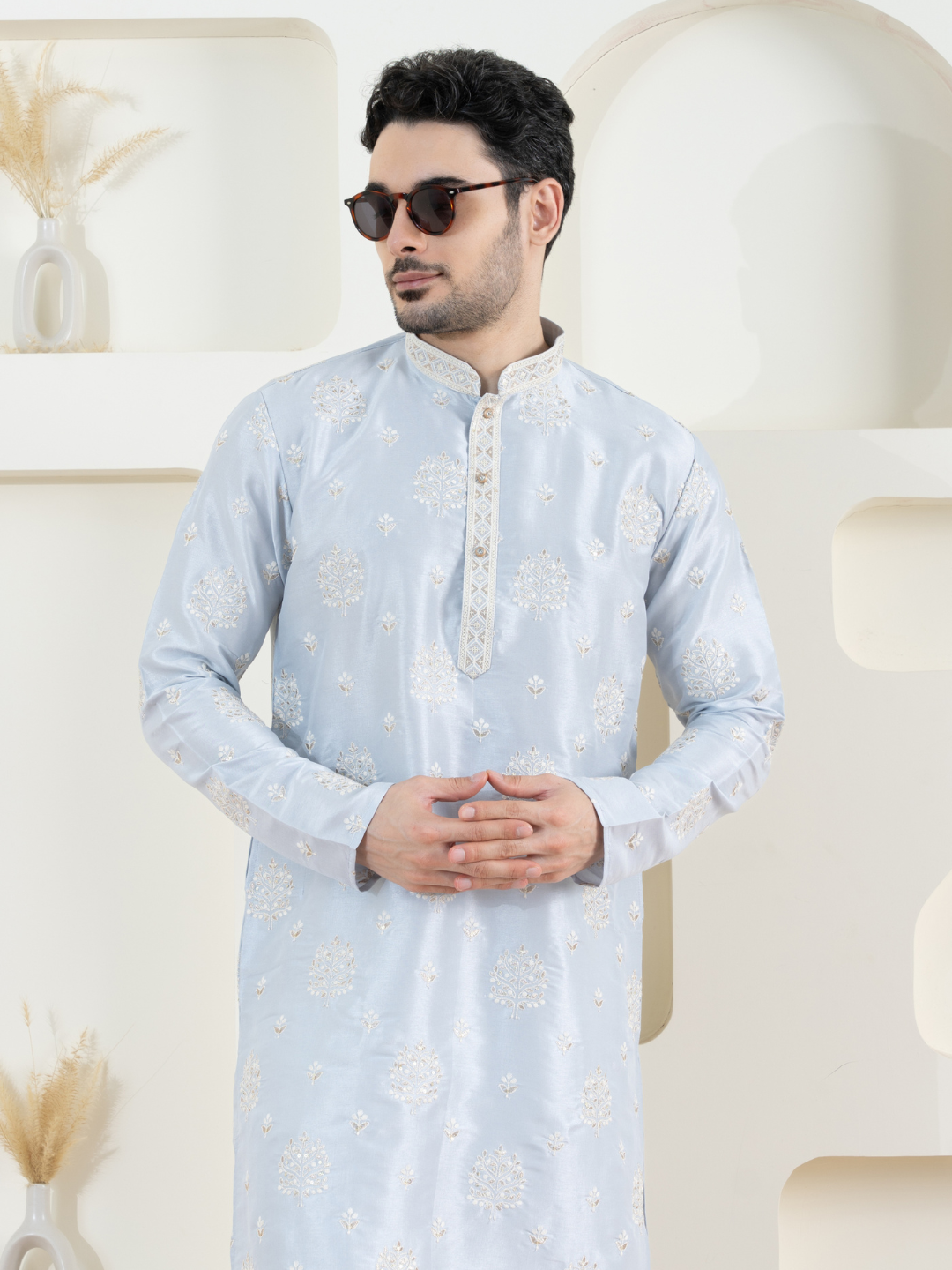 Magnet Men's Sky Blue Embroidered Kurta Trouser Set