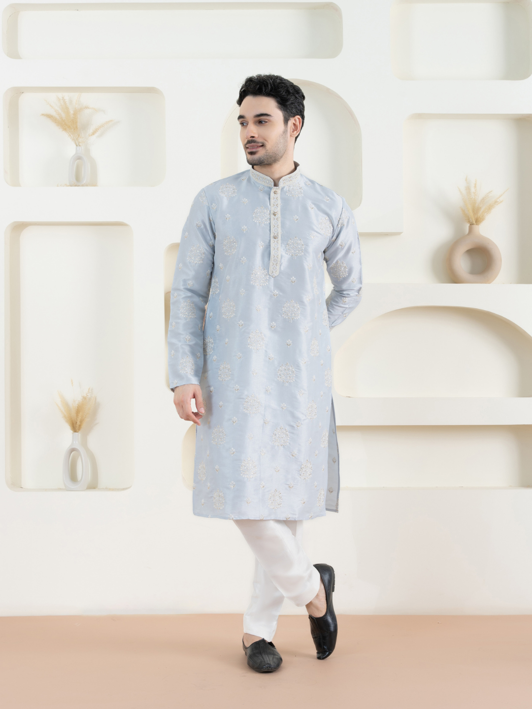 Magnet Men's Sky Blue Embroidered Kurta Trouser Set