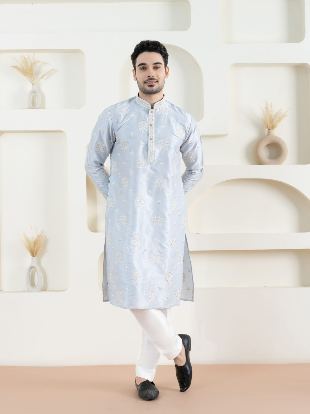 Magnet Men's Sky Blue Embroidered Kurta Trouser Set