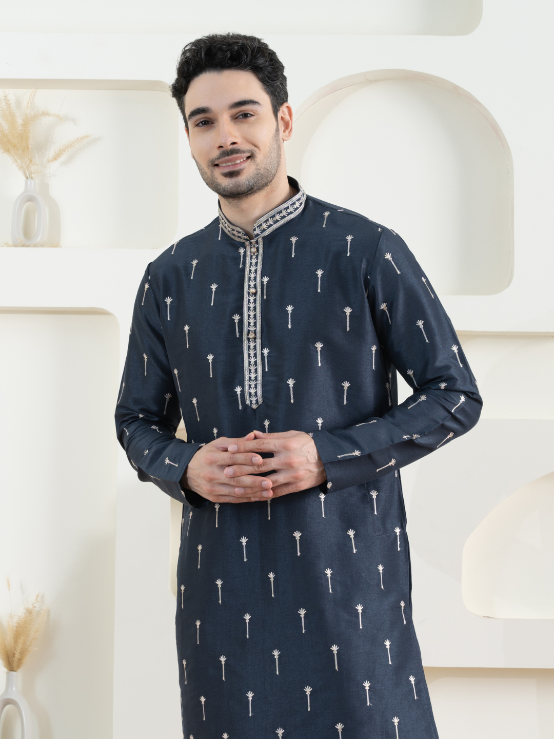 Magnet Men's Grey Embroidered Kurta Trouser Set