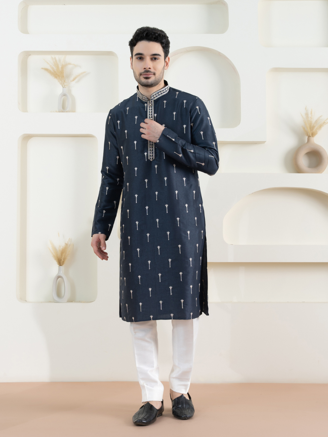 Magnet Men's Grey Embroidered Kurta Trouser Set