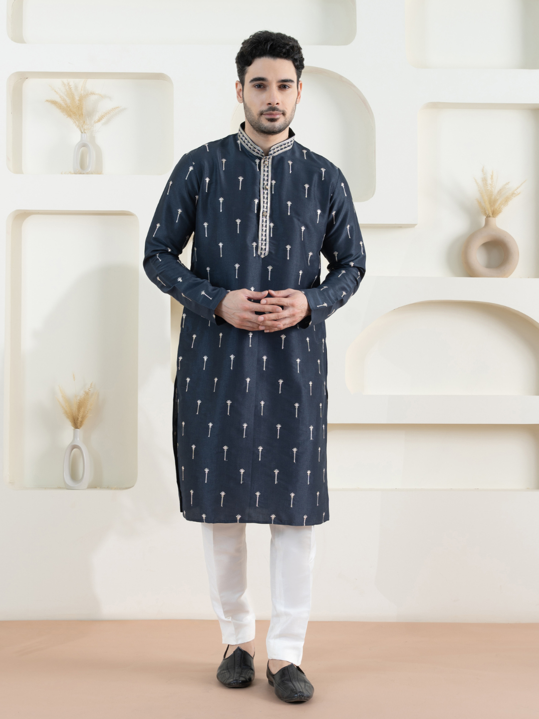 Magnet Men's Grey Embroidered Kurta Trouser Set