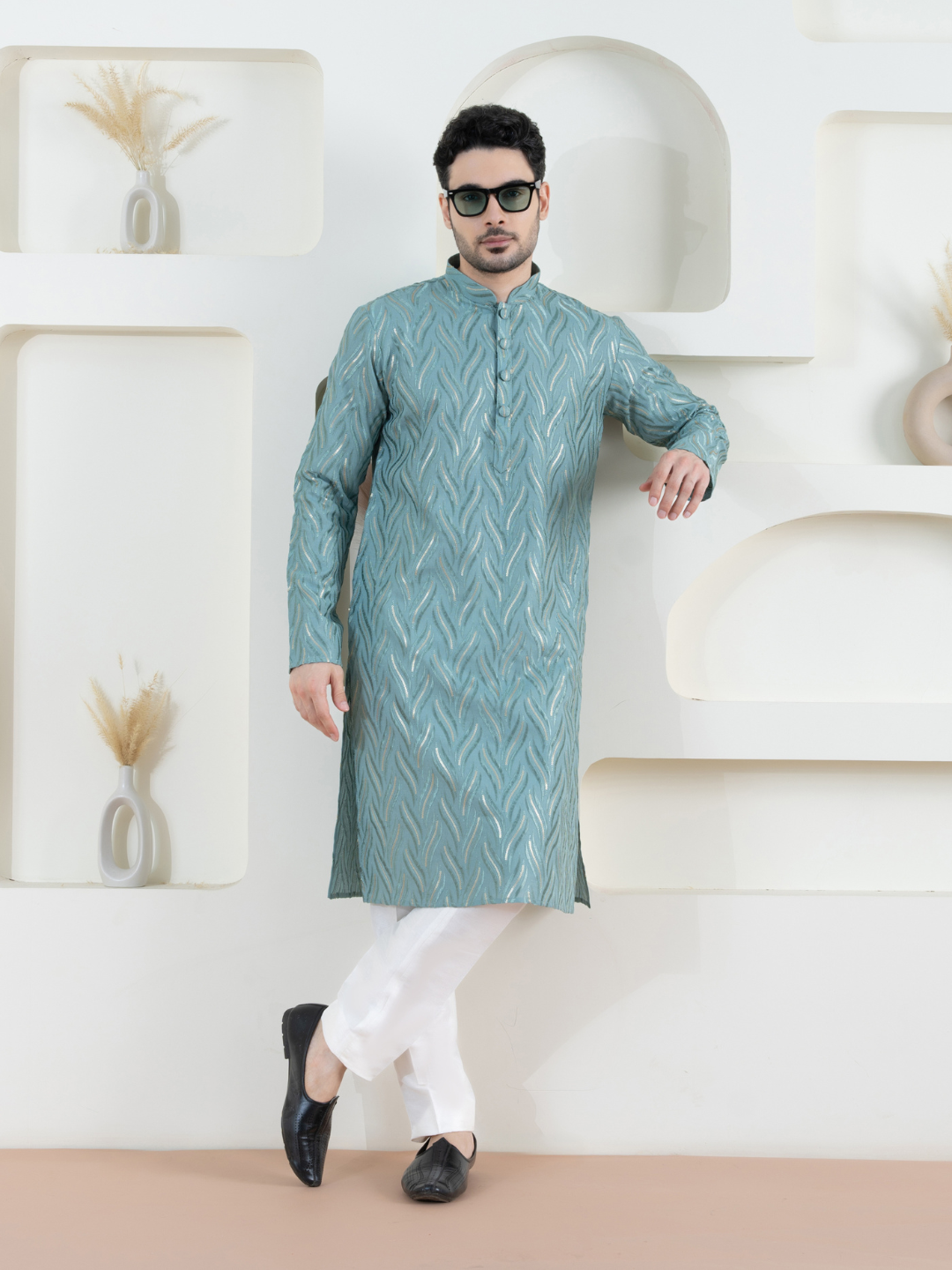 Magnet Men's Sage Green Embroidered Kurta Trouser Set