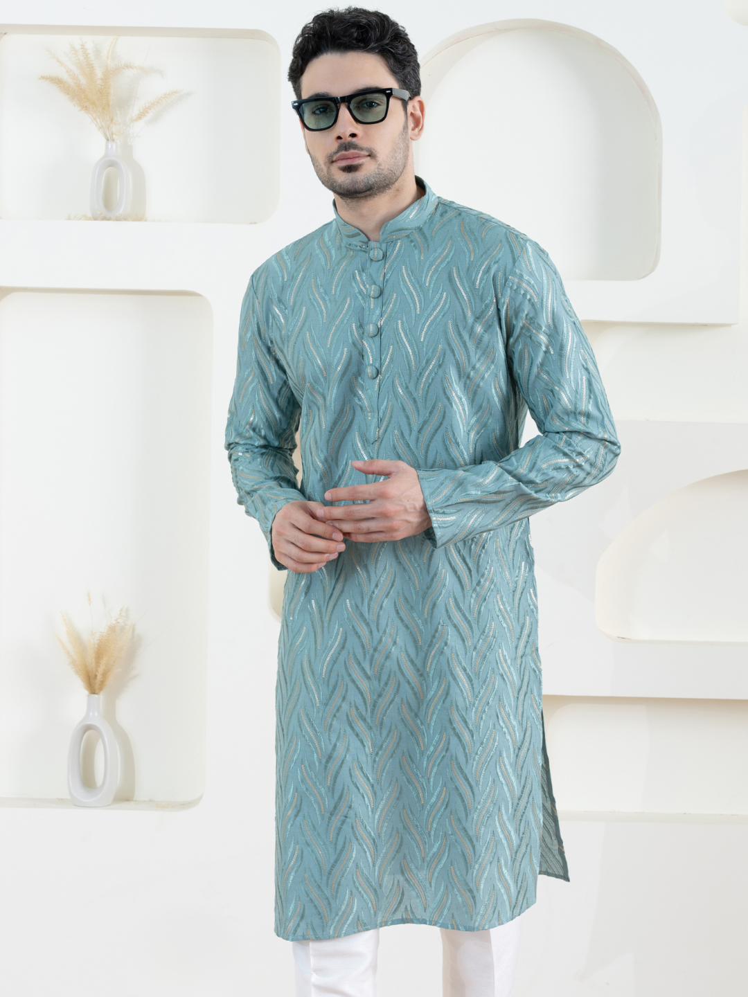 Magnet Men's Sage Green Embroidered Kurta Trouser Set